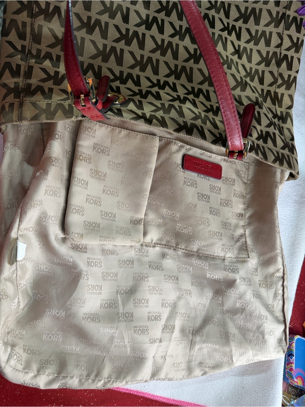 Michael Kors Beige MK Monogram Tote with Pink Handles - Picture 3 of 4